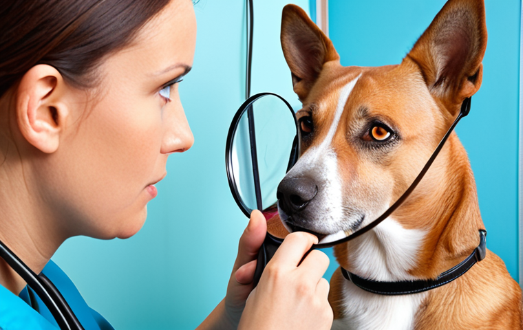 **Prompt:** A veterinarian carefully examining a dog's skin with a magnifying glass, looking for signs of allergies or infection, in a bright, modern clinic setting. Focus on the detail of the skin and the vet's focused expression. Style: Realistic, high-resolution photograph.