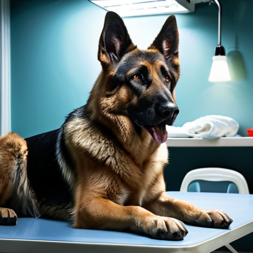 Home 8 **Prompt:** A busy veterinary clinic emergency room, nighttime. A German Shepherd dog (Rex) is on an examination table looking sick. A worried owner is talking to a vet. Medical equipment and bright lights are visible. Dramatic lighting, emphasizing stress and urgency.