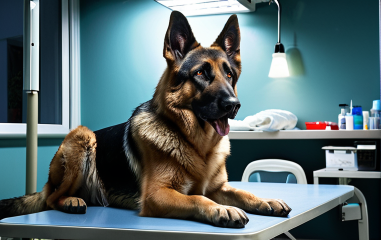 **Prompt:** A busy veterinary clinic emergency room, nighttime. A German Shepherd dog (Rex) is on an examination table looking sick. A worried owner is talking to a vet. Medical equipment and bright lights are visible. Dramatic lighting, emphasizing stress and urgency.