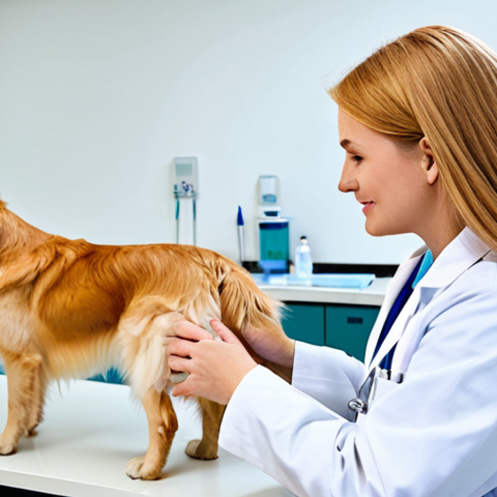 Veterinary Consultation**
"A kind veterinarian, fully clothed in a professional lab coat, examining a golden retriever in a bright, clean examination room. The dog is relaxed and the veterinarian is gentle. Appropriate attire, safe for work, perfect anatomy, natural proportions, family-friendly, professional photography."
**