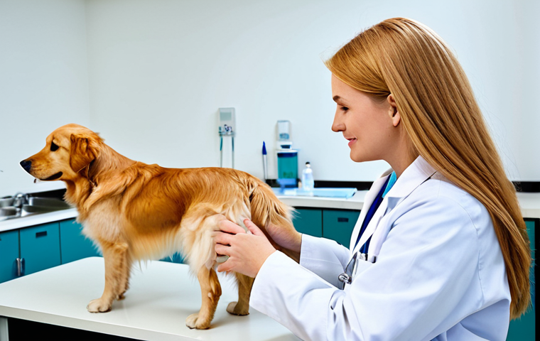 Veterinary Consultation**
"A kind veterinarian, fully clothed in a professional lab coat, examining a golden retriever in a bright, clean examination room. The dog is relaxed and the veterinarian is gentle. Appropriate attire, safe for work, perfect anatomy, natural proportions, family-friendly, professional photography."
**