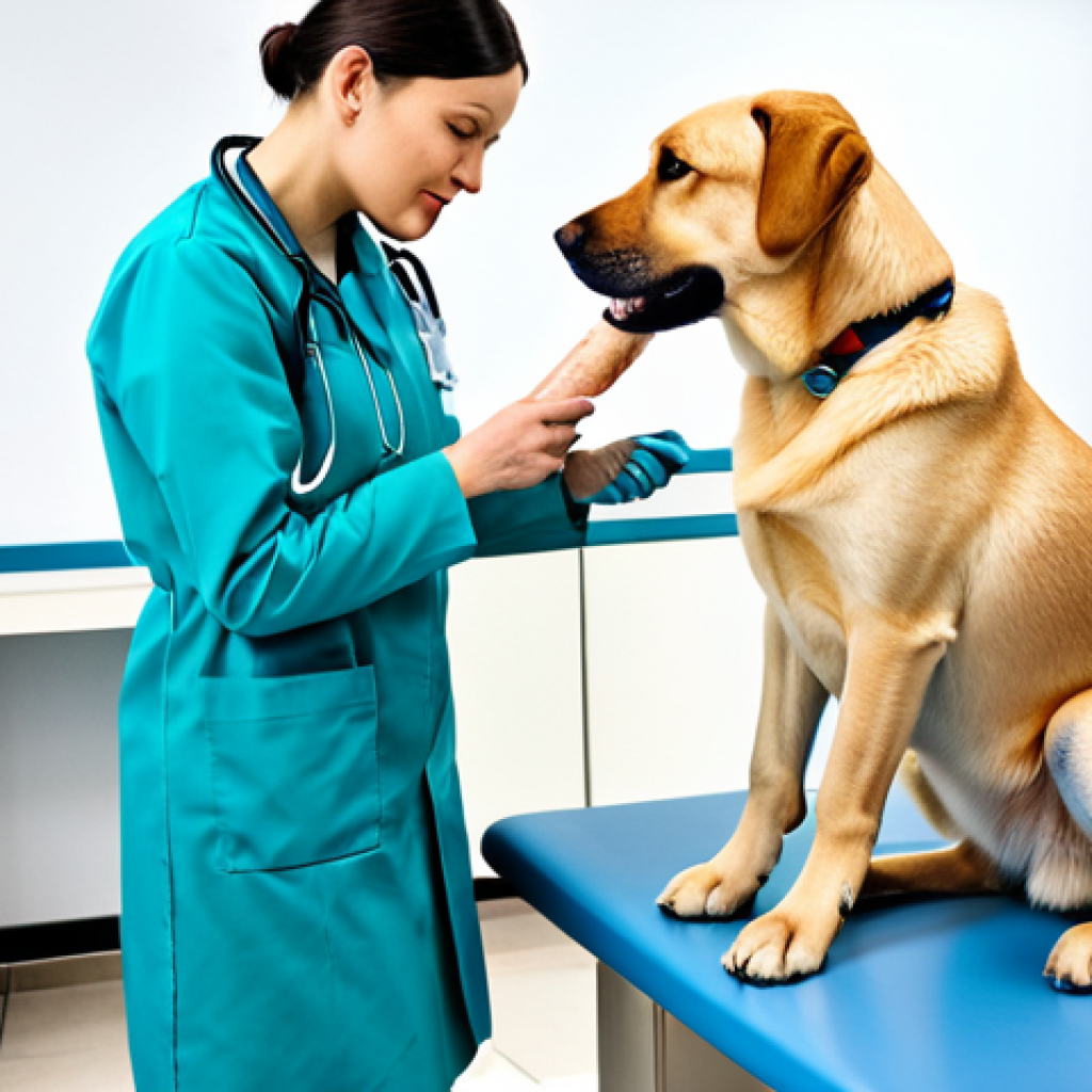 동물종별 진단의 차이점 - **
"A veterinarian carefully examining a Labrador dog's leg, fully clothed in professional attire i...