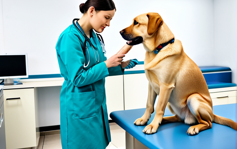 동물종별 진단의 차이점 - **
"A veterinarian carefully examining a Labrador dog's leg, fully clothed in professional attire i...