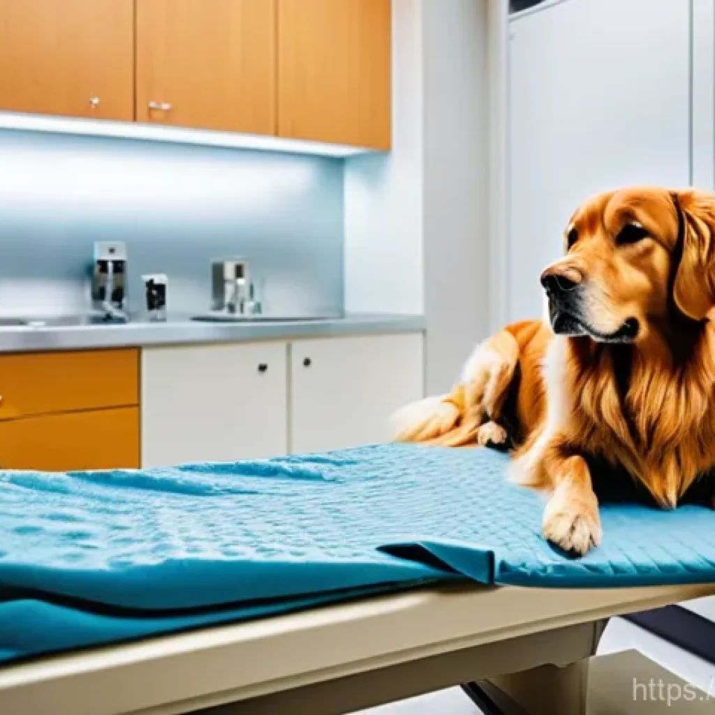 수의학에서 중요하게 다루는 실습 장비 - **Prompt: Advanced Veterinary Imaging for a Dog**
"A golden retriever comfortably lying on a pad...