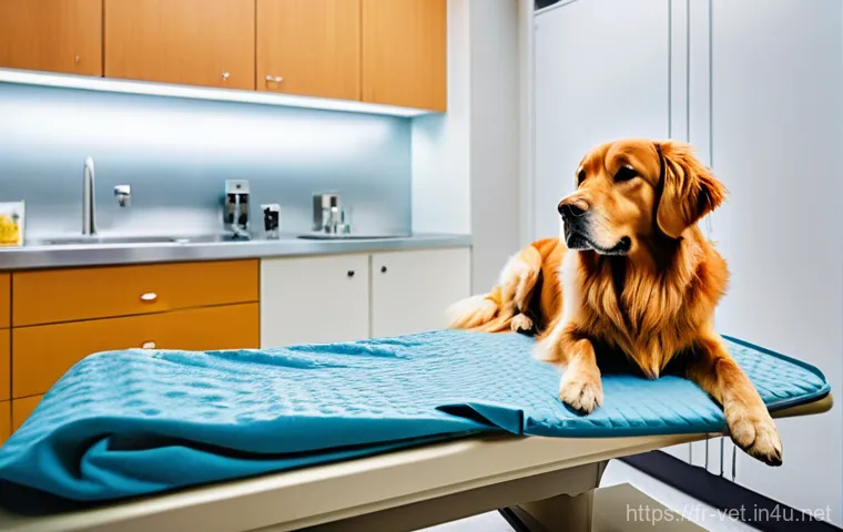 수의학에서 중요하게 다루는 실습 장비 - **Prompt: Advanced Veterinary Imaging for a Dog**
"A golden retriever comfortably lying on a pad...