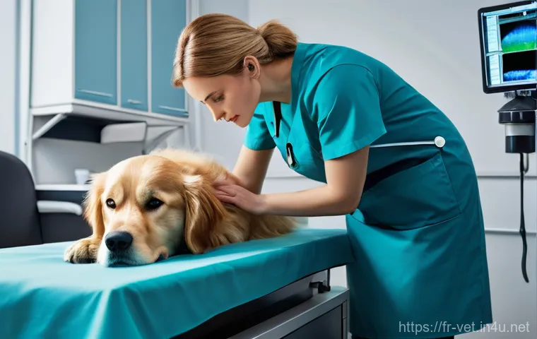 동물병원 내 수의사 역할 구분 - **Prompt:** "A highly skilled female veterinary ophthalmologist, wearing professional scrubs, is met...