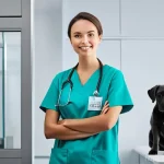 수의사 맞춤형 커리어 코칭 - **Prompt:** A split-scene image or a collage representing two stages of a veterinarian's journey. On...